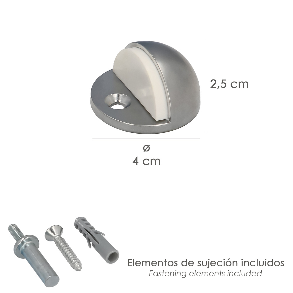 Tope puerta acero - Realizado en acero inoxidable. - Color plata mate. - Blister 1 pieza. medidas